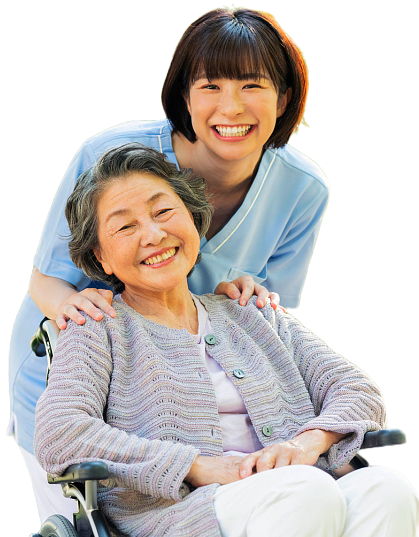 caregiver and elderly woman smiling